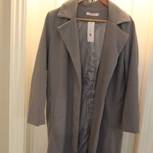 Women Grey Woolen Lapel Long Sleeve Longline Coat